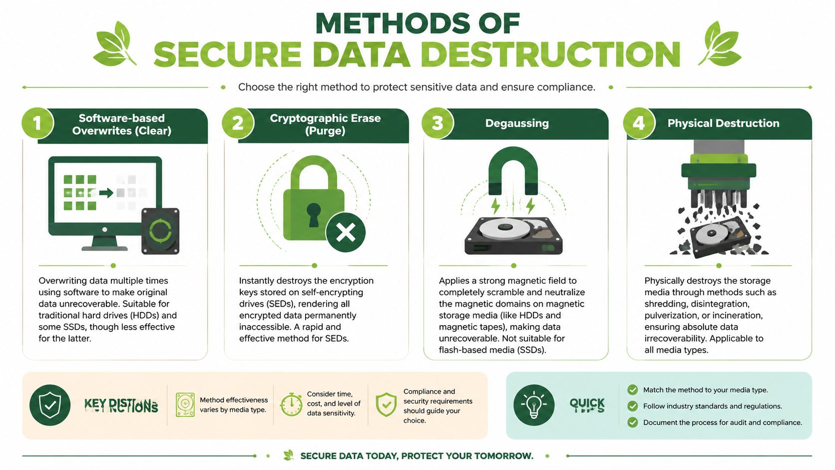An infographic showing four common methods for secure data destruction: software overwrites, cryptographic erase, degaussing, and physical destruction.