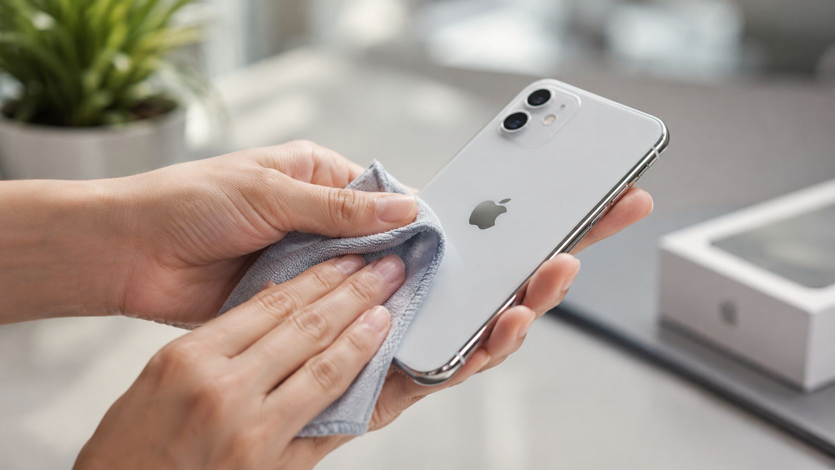 A person carefully cleaning a silver iPhone with a soft grey microfiber cloth to keep it clean.