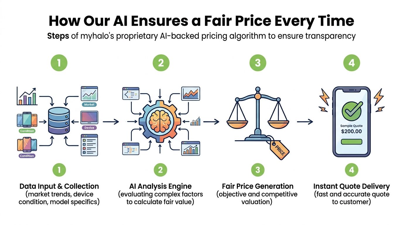 A four-step infographic explaining how an AI-backed algorithm calculates a fair price for mobile devices.