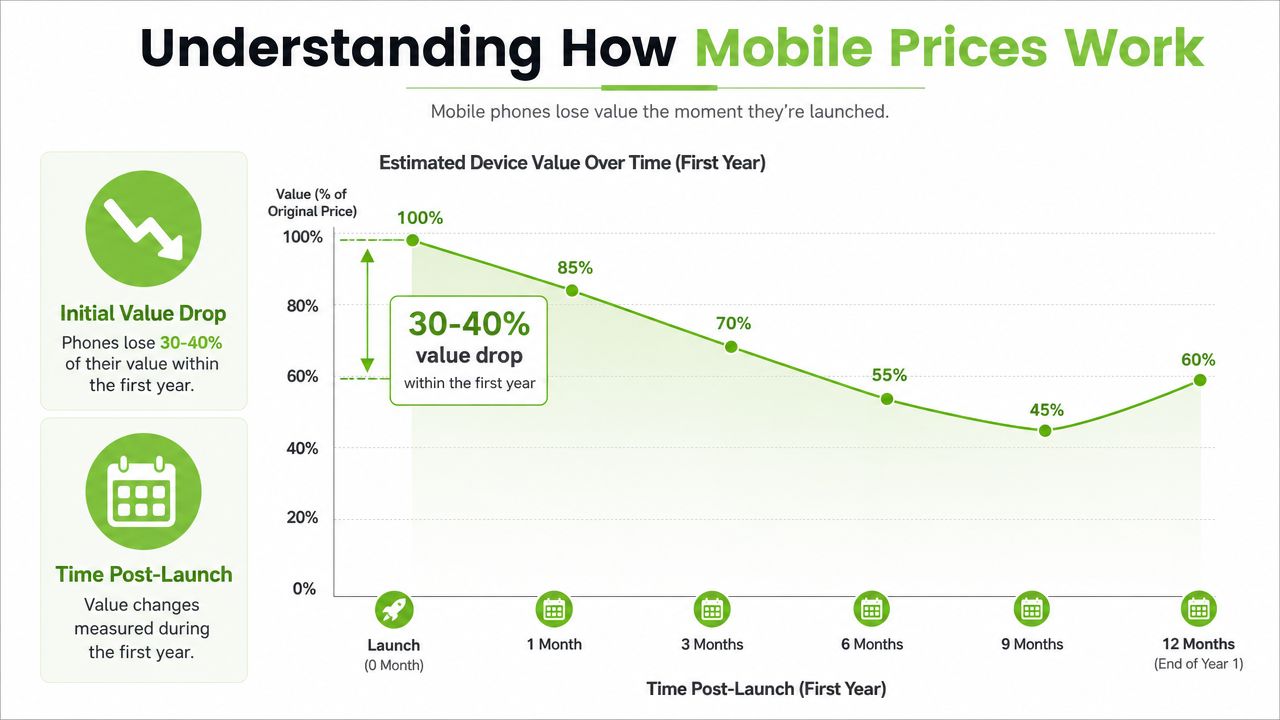 A line chart infographic showing how mobile phone value decreases by percentage over the first year.