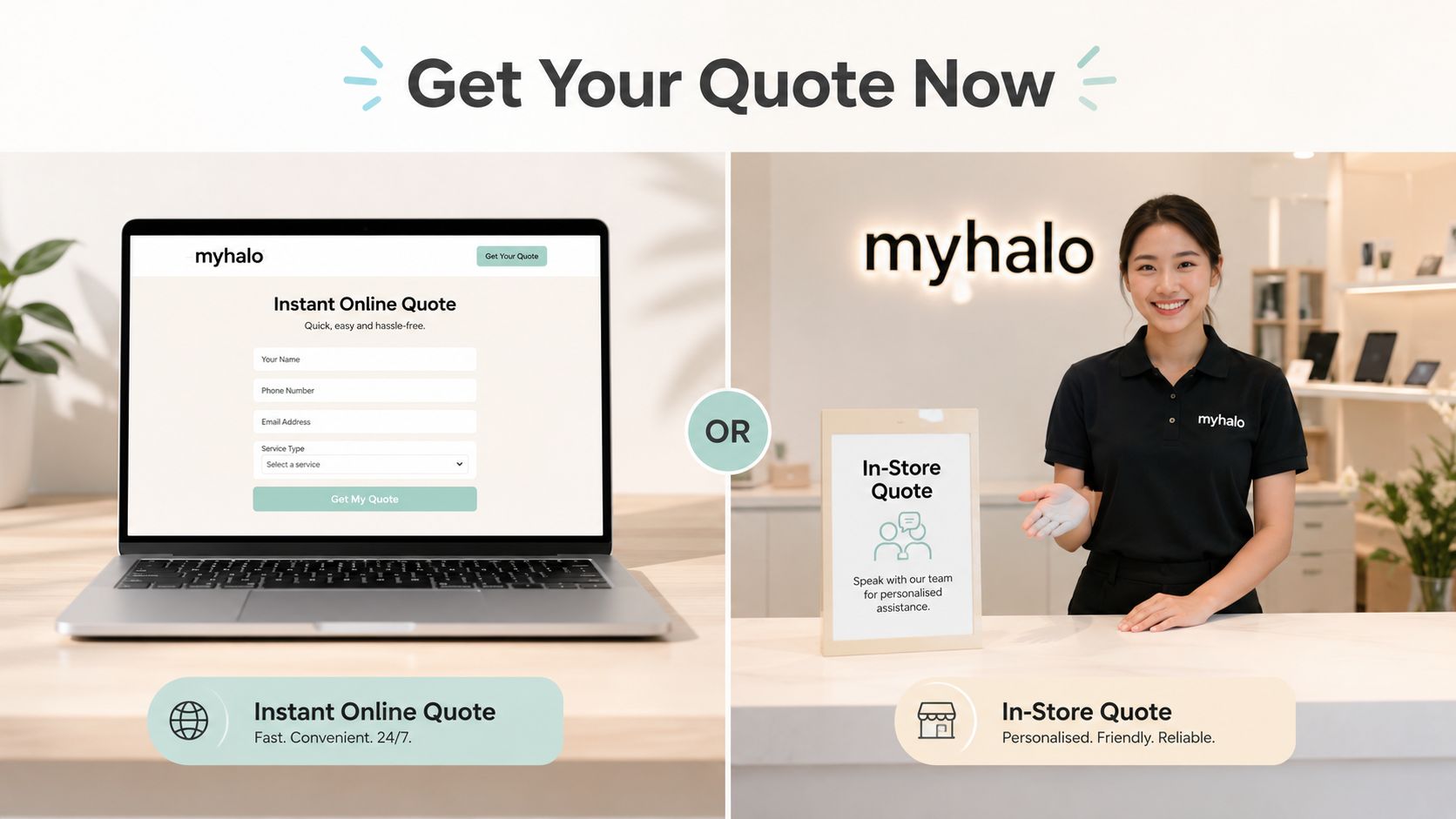 A dual-option display showing an online instant quote laptop form and an in-store quote assistance service.