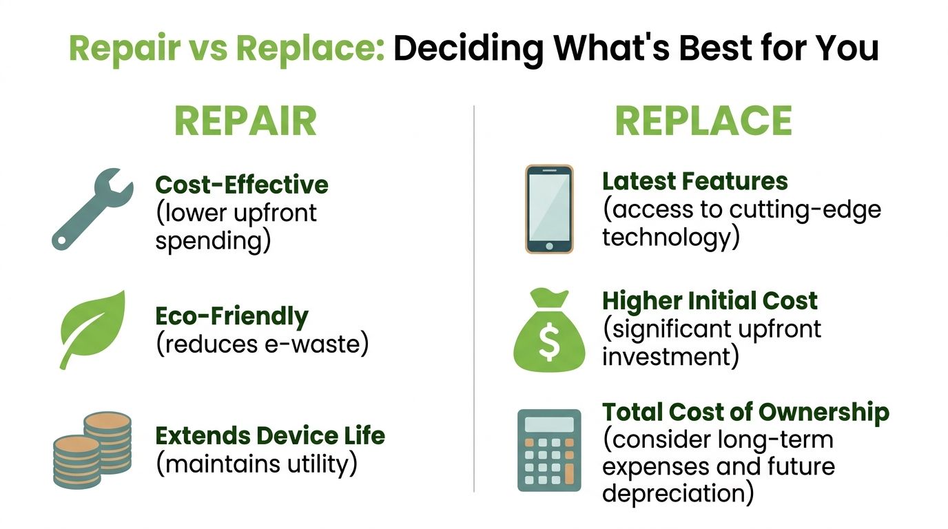 A comparison chart outlining the pros and cons of choosing to repair versus replace electronic devices.