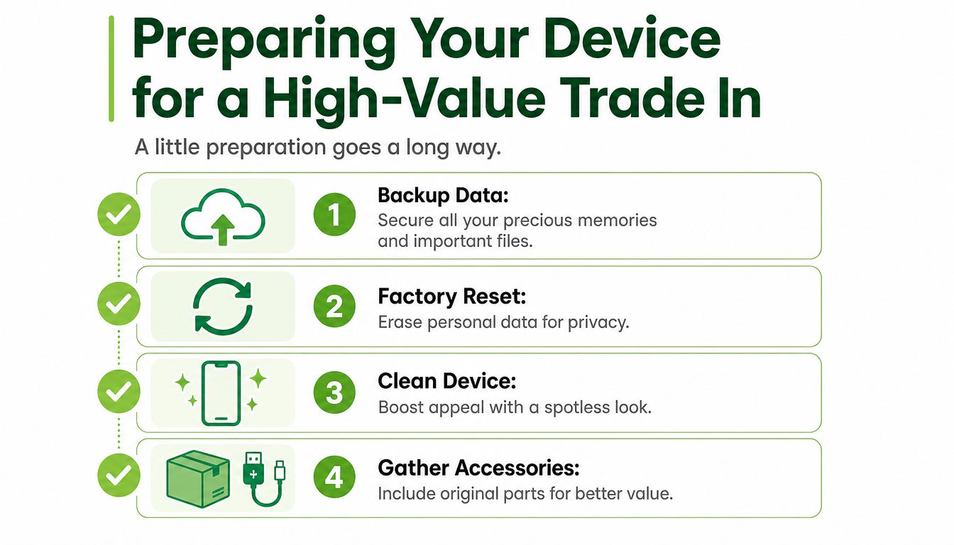 A guide listing four essential steps for preparing your electronic device for a high-value trade in.