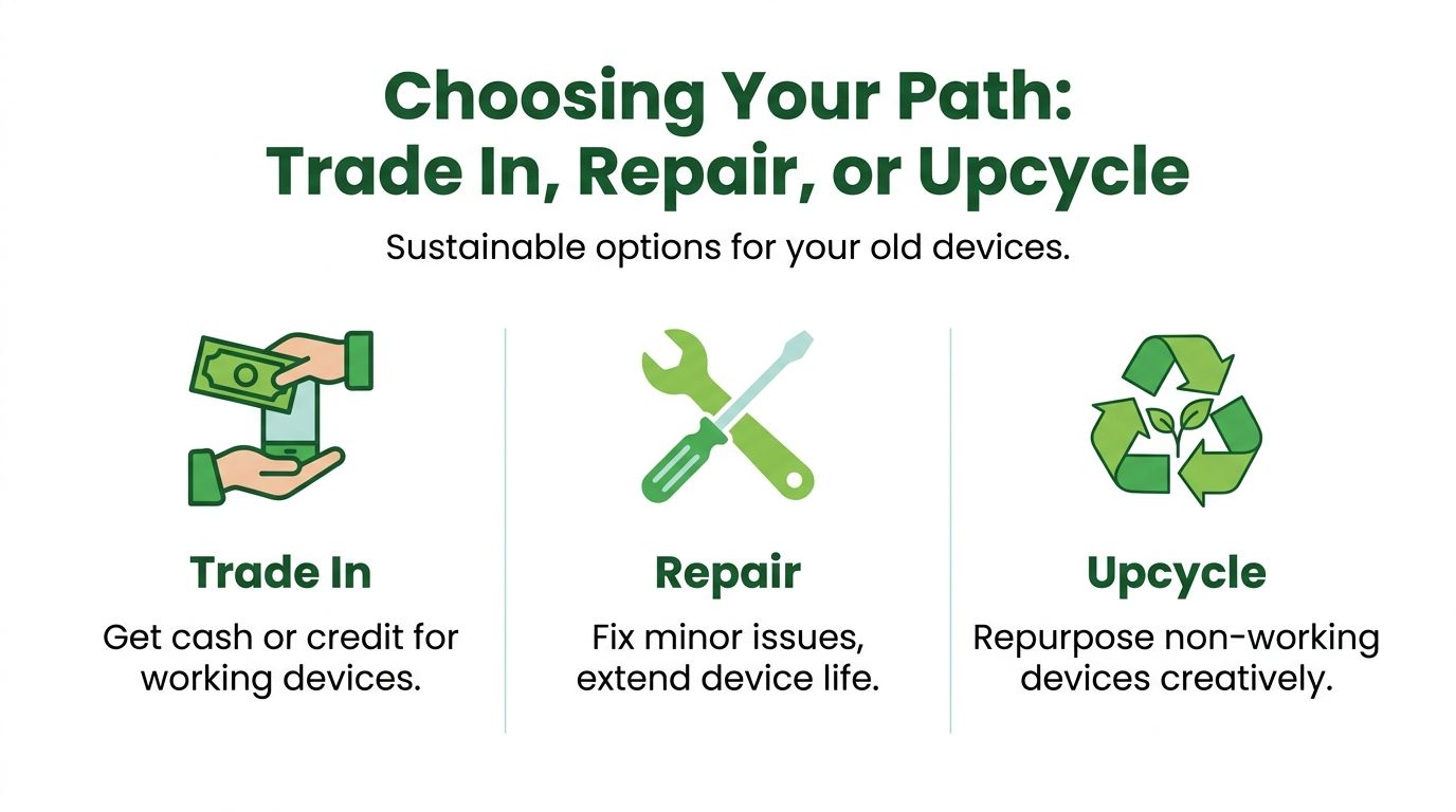 An infographic illustrating sustainable options for old devices including trade in, repair, or upcycle processes.