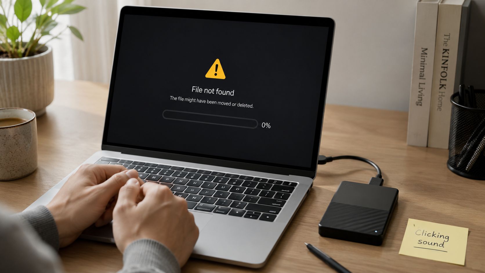 A person using a laptop displaying a file not found error while connected to an external hard drive.