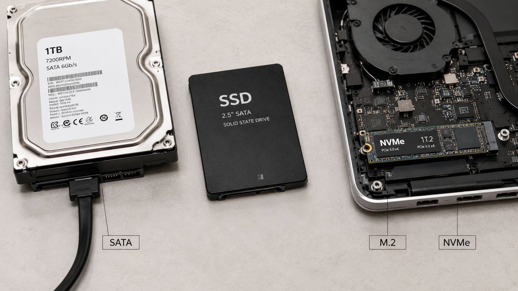 A comparison of internal hard drive storage types including a 3.5-inch HDD, 2.5-inch SSD, and M.2 NVMe SSD.