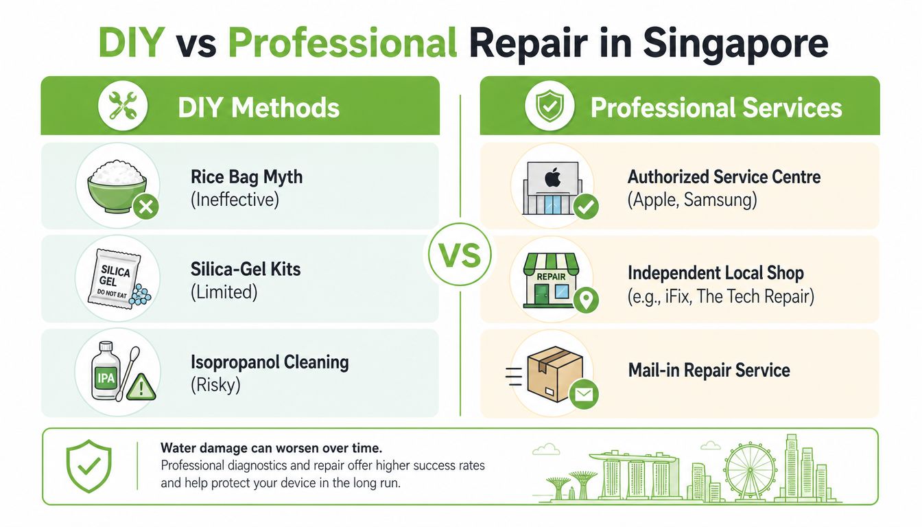 A comparison infographic between DIY methods and professional repair services for water-damaged electronics in Singapore.