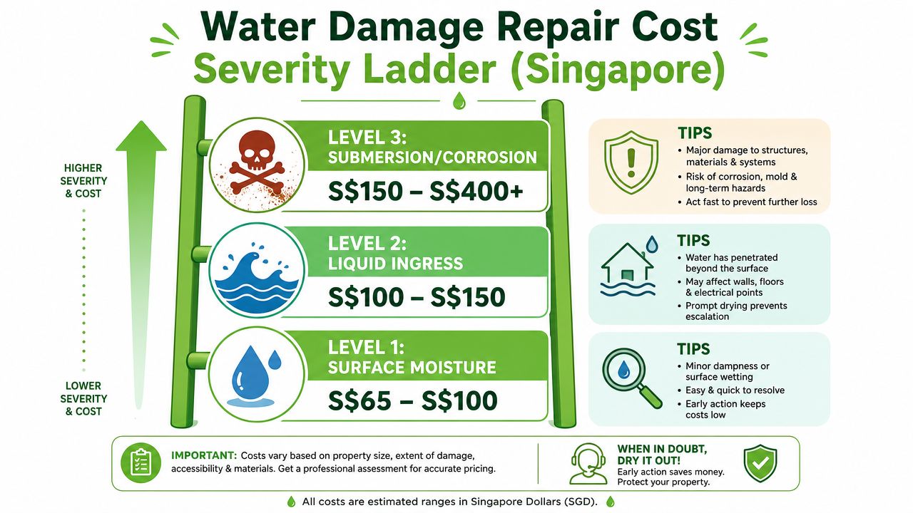 A severity ladder infographic displaying estimated costs for water damage repair services in Singapore ranging by level.