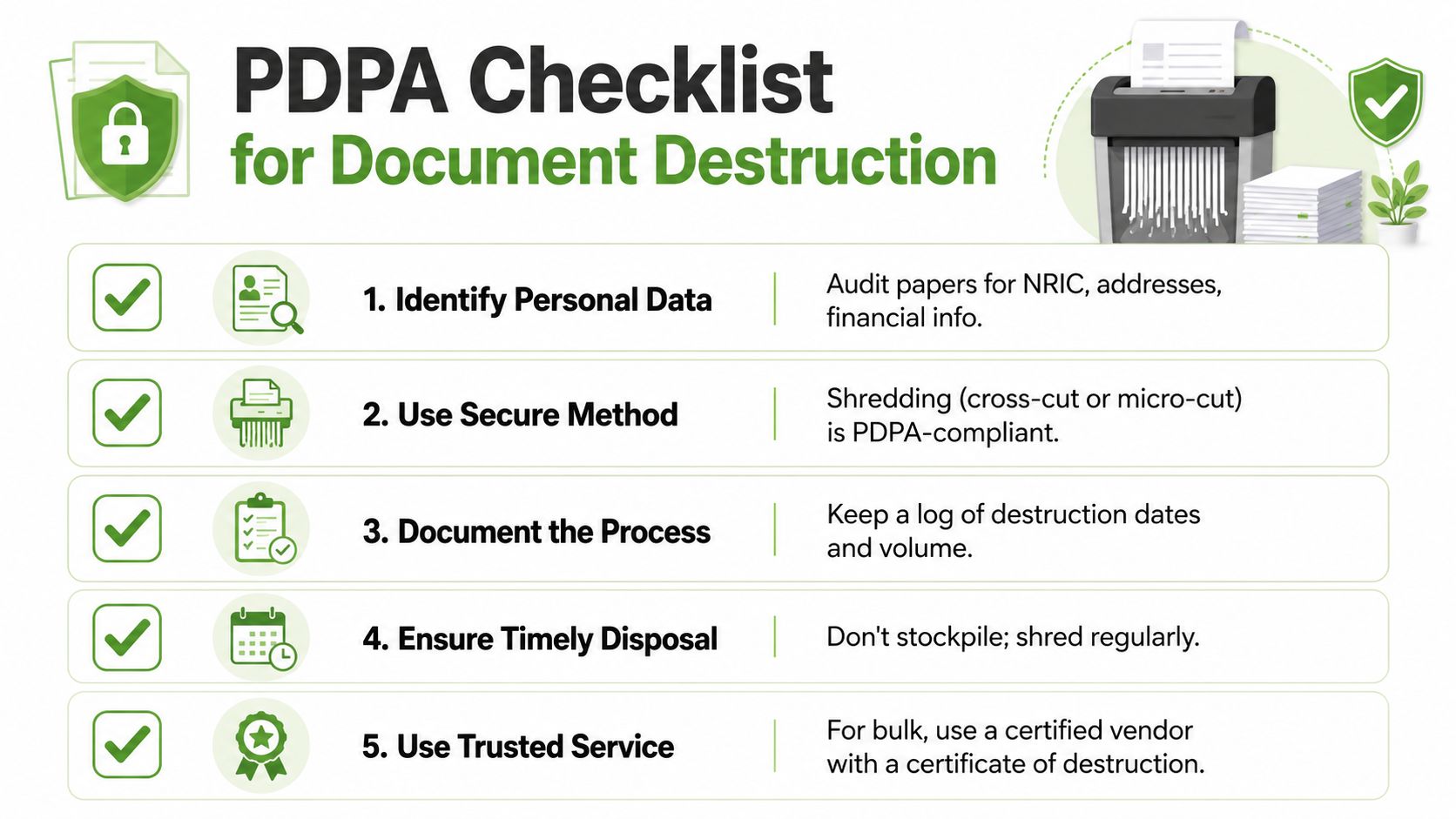 A five-step PDPA checklist infographic for secure document destruction of sensitive personal information.