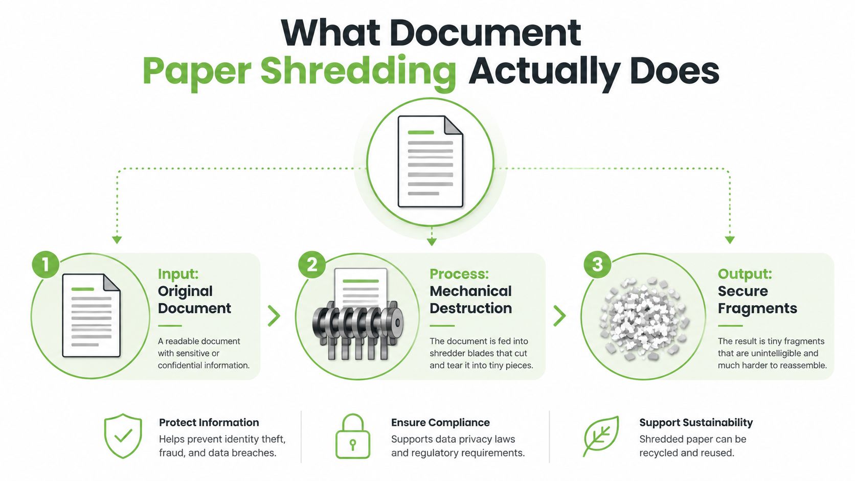 A diagram illustrating the three steps of the document paper shredding process from input to output.