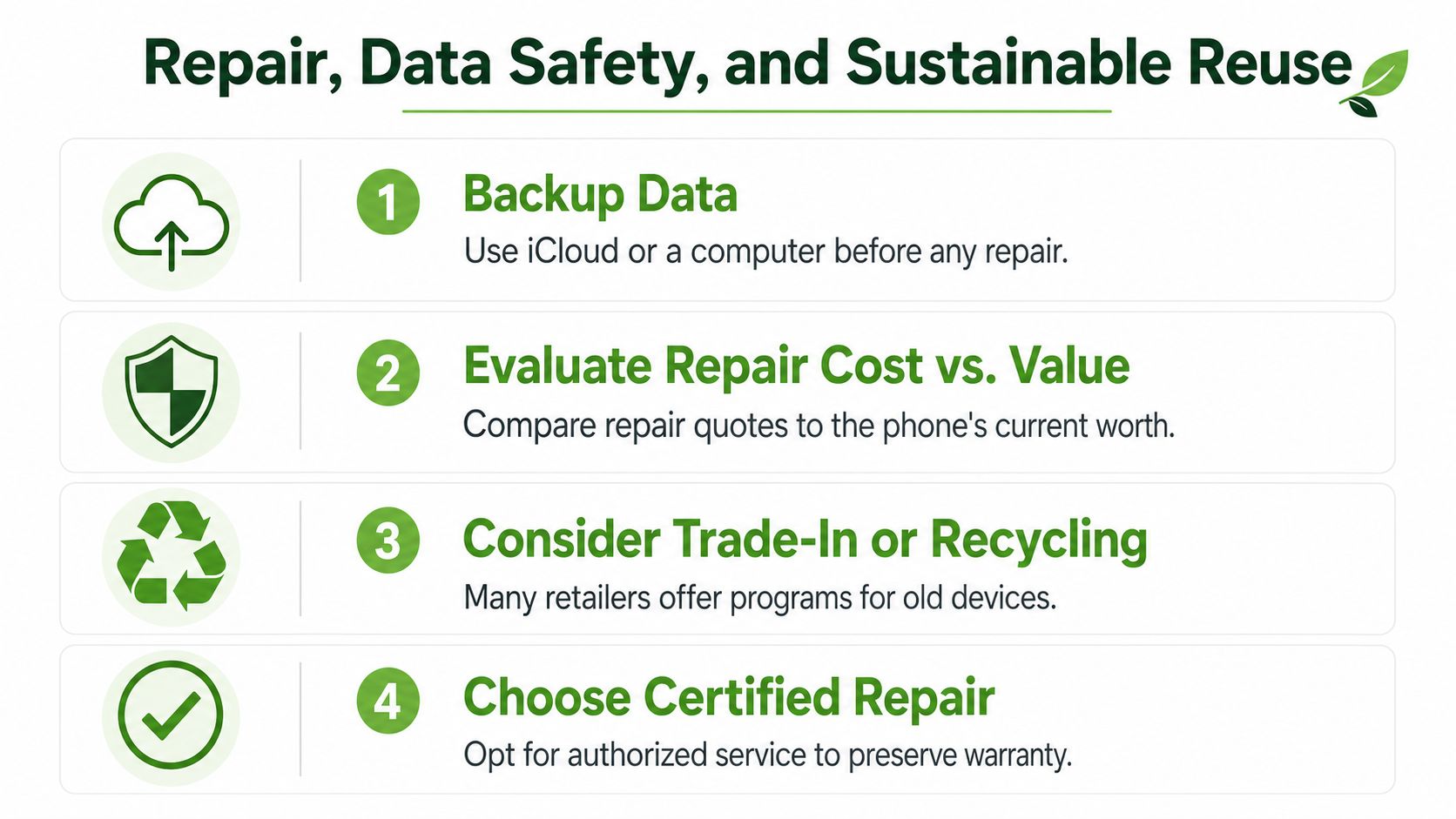 A green and white infographic detailing four essential steps for safe and sustainable smartphone device repair.