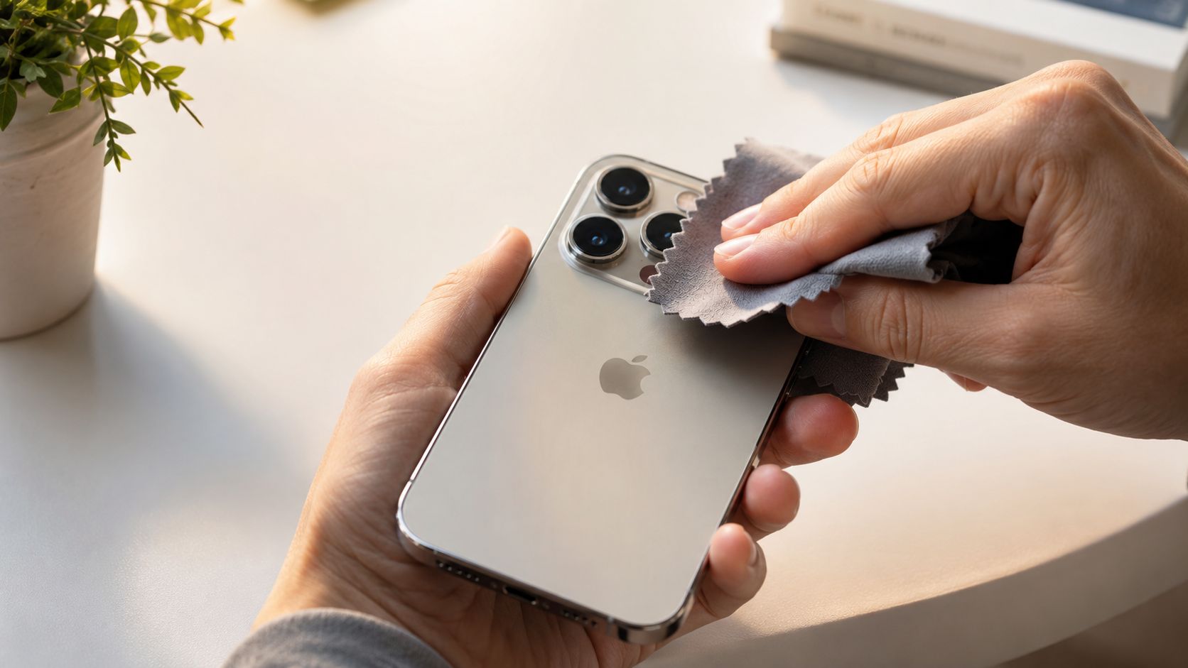 A person cleaning the camera lenses of a silver smartphone with a small microfiber cloth.