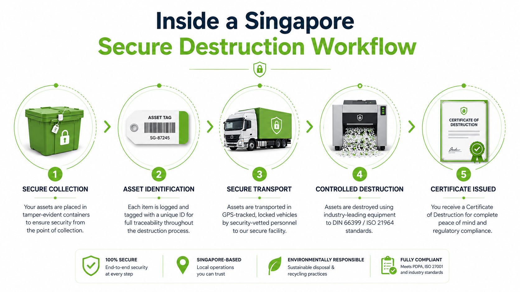 An infographic showing the five-step workflow of a secure destruction service in Singapore for data protection.