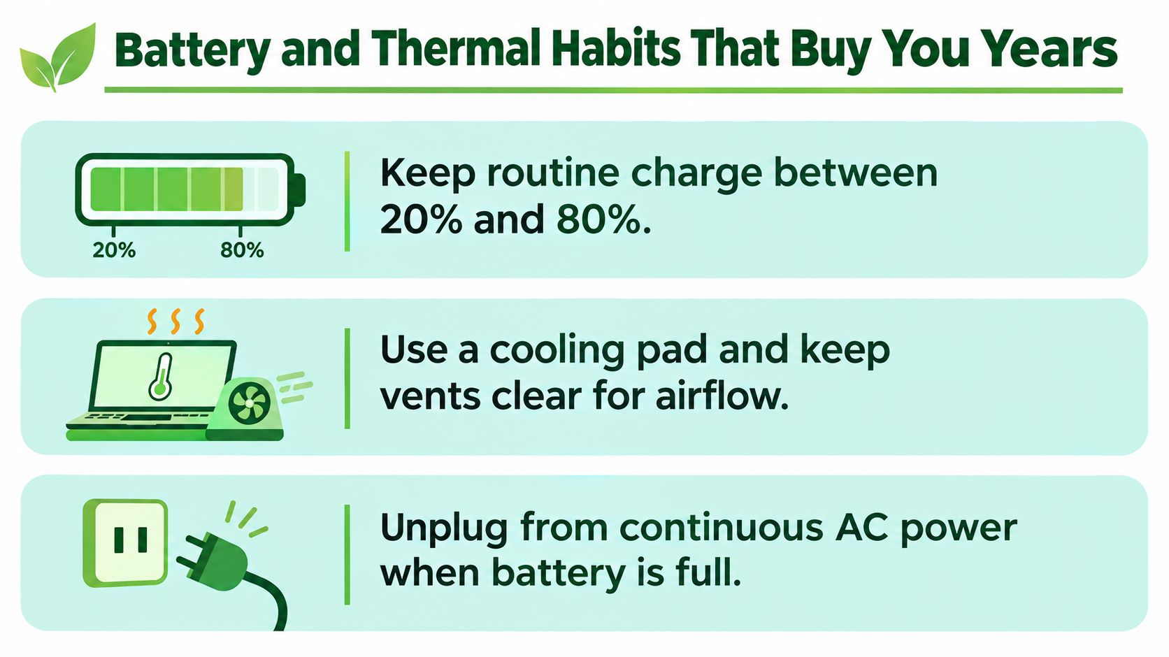 A helpful infographic outlining three essential tips for extending laptop battery life and managing thermal temperatures.