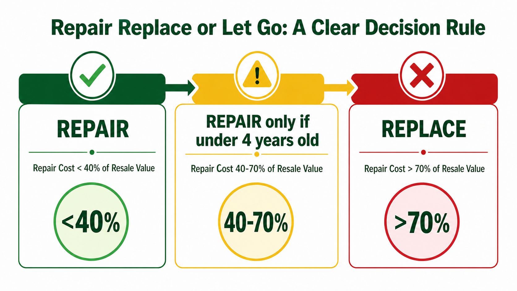 A decision flowchart illustrating when to repair or replace household items based on repair cost percentage.