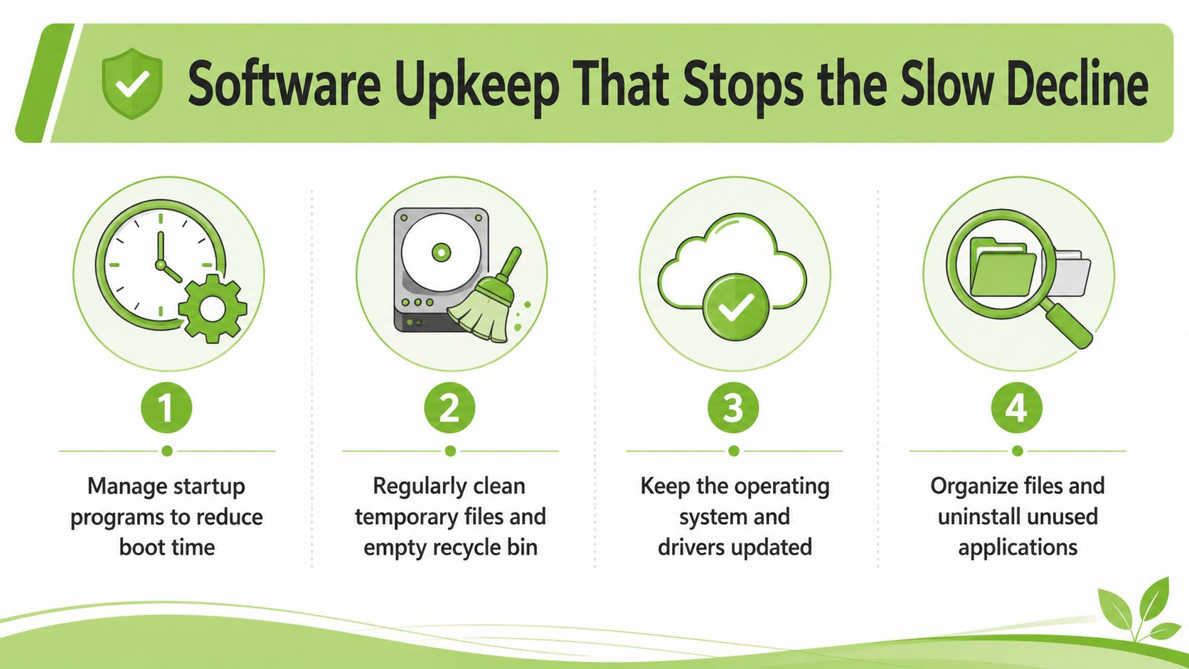 A green infographic featuring four steps for performing software maintenance to improve computer speed and performance.