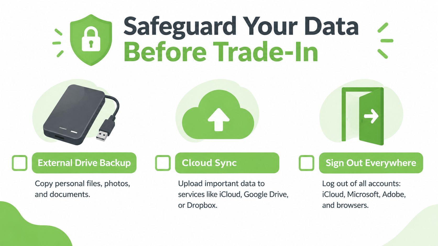 A graphic providing a checklist for safeguarding your data before trading in your electronic device.