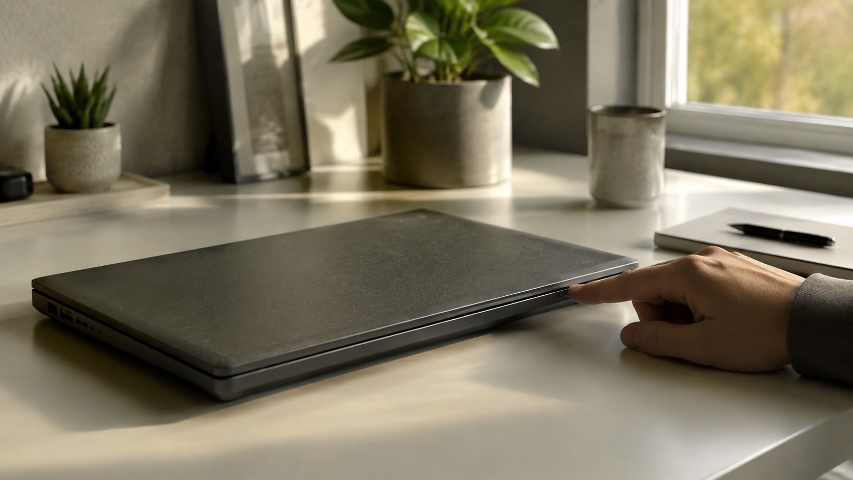A person pressing the power button on a closed laptop, resting on a white office desk.