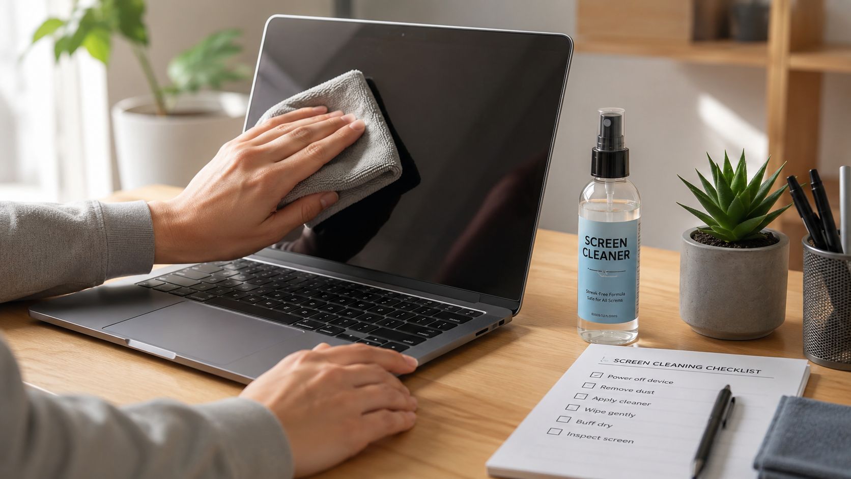 A person cleaning a laptop screen with a microfiber cloth and specialized screen cleaning spray.