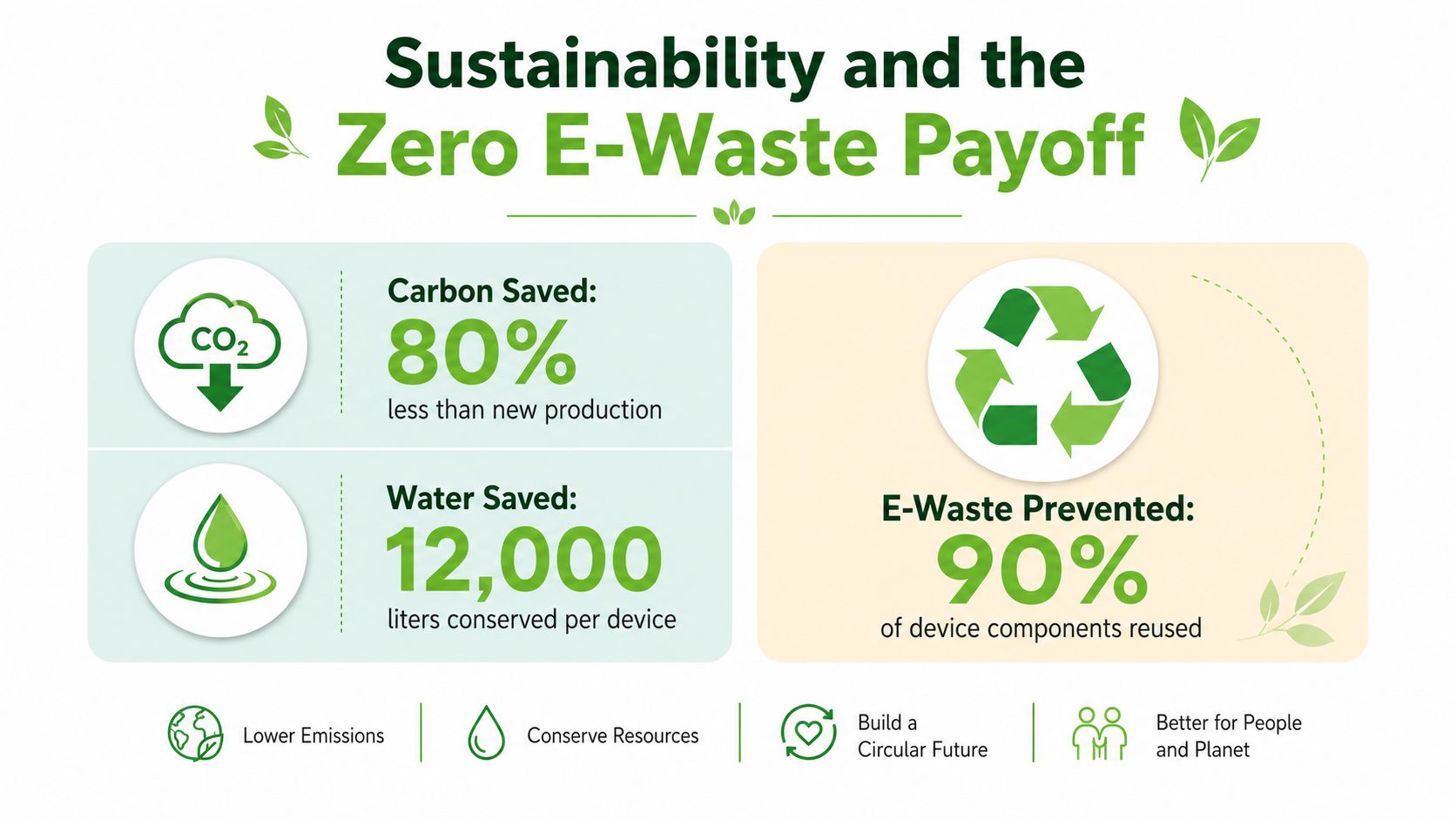An infographic titled Sustainability and the Zero E-Waste Payoff showing carbon, water, and e-waste reduction statistics.