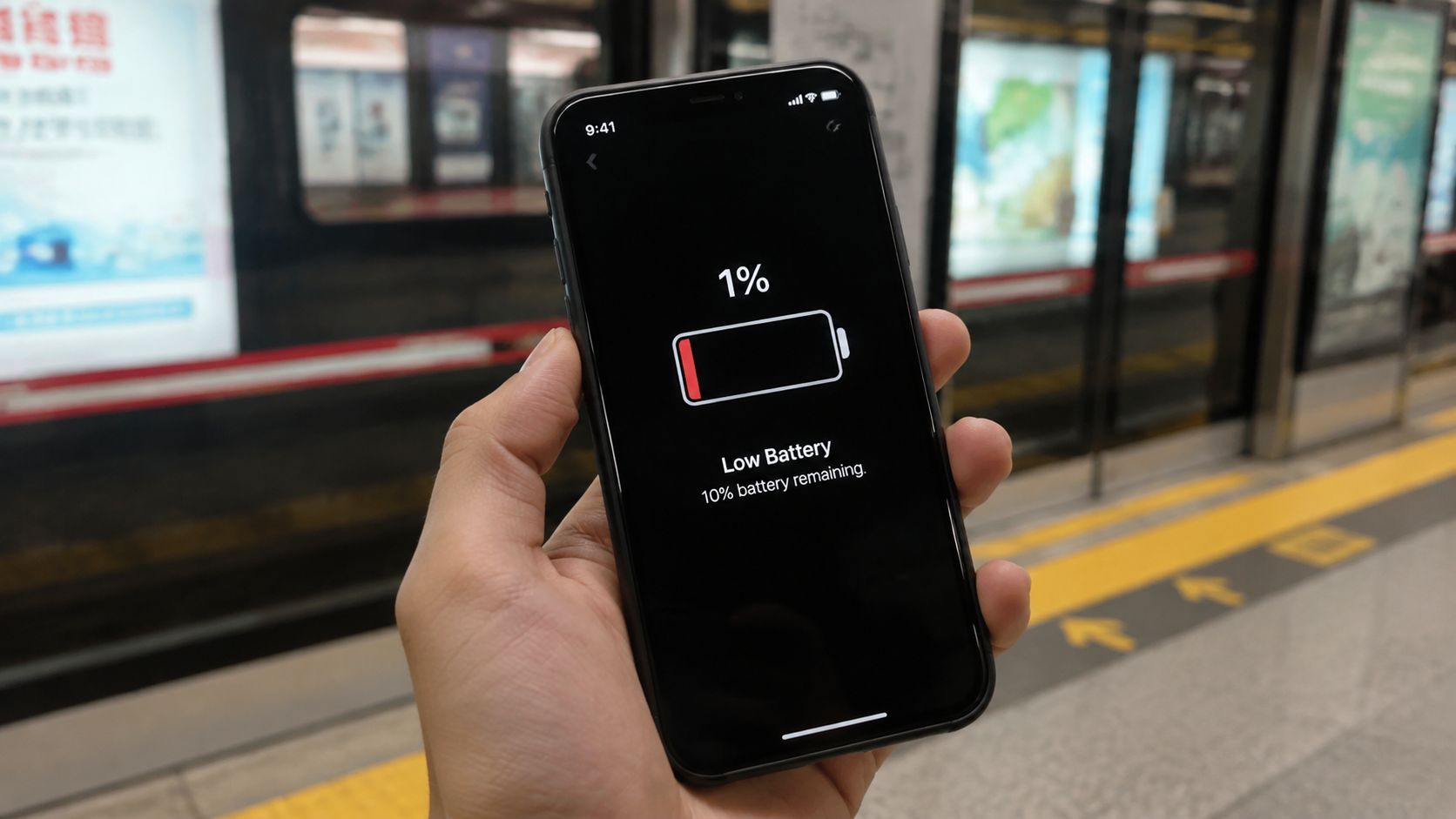 A hand holds a smartphone displaying a 1% low battery warning on a subway platform.