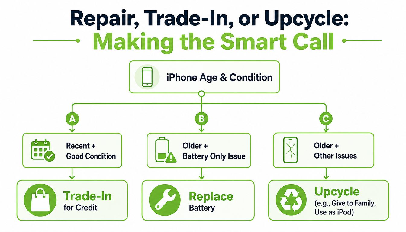 A flowchart guide helping users decide whether to trade in, repair, or upcycle their old iPhones.