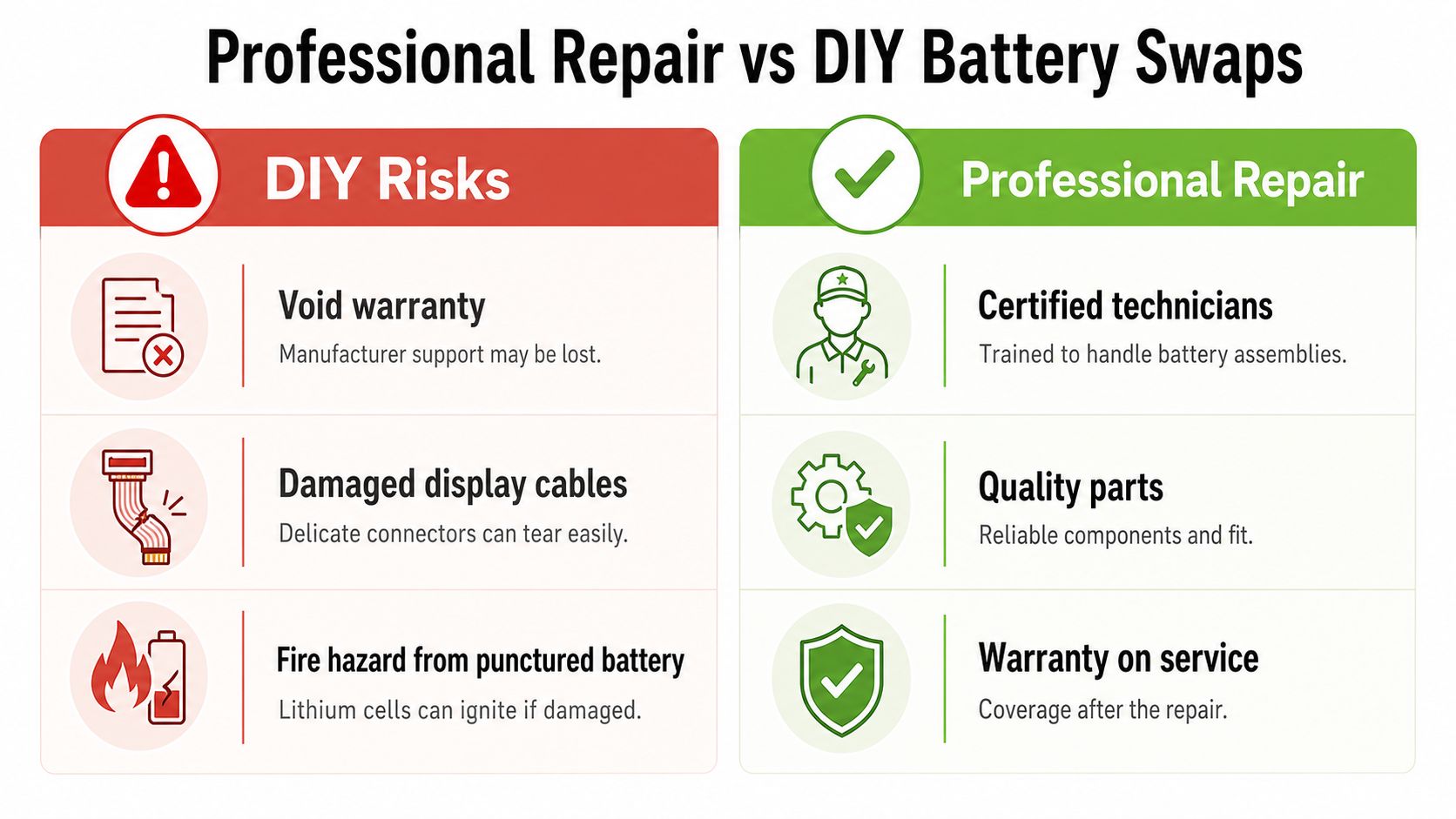 A comparison infographic showing the risks of DIY battery repairs versus the benefits of professional battery services.