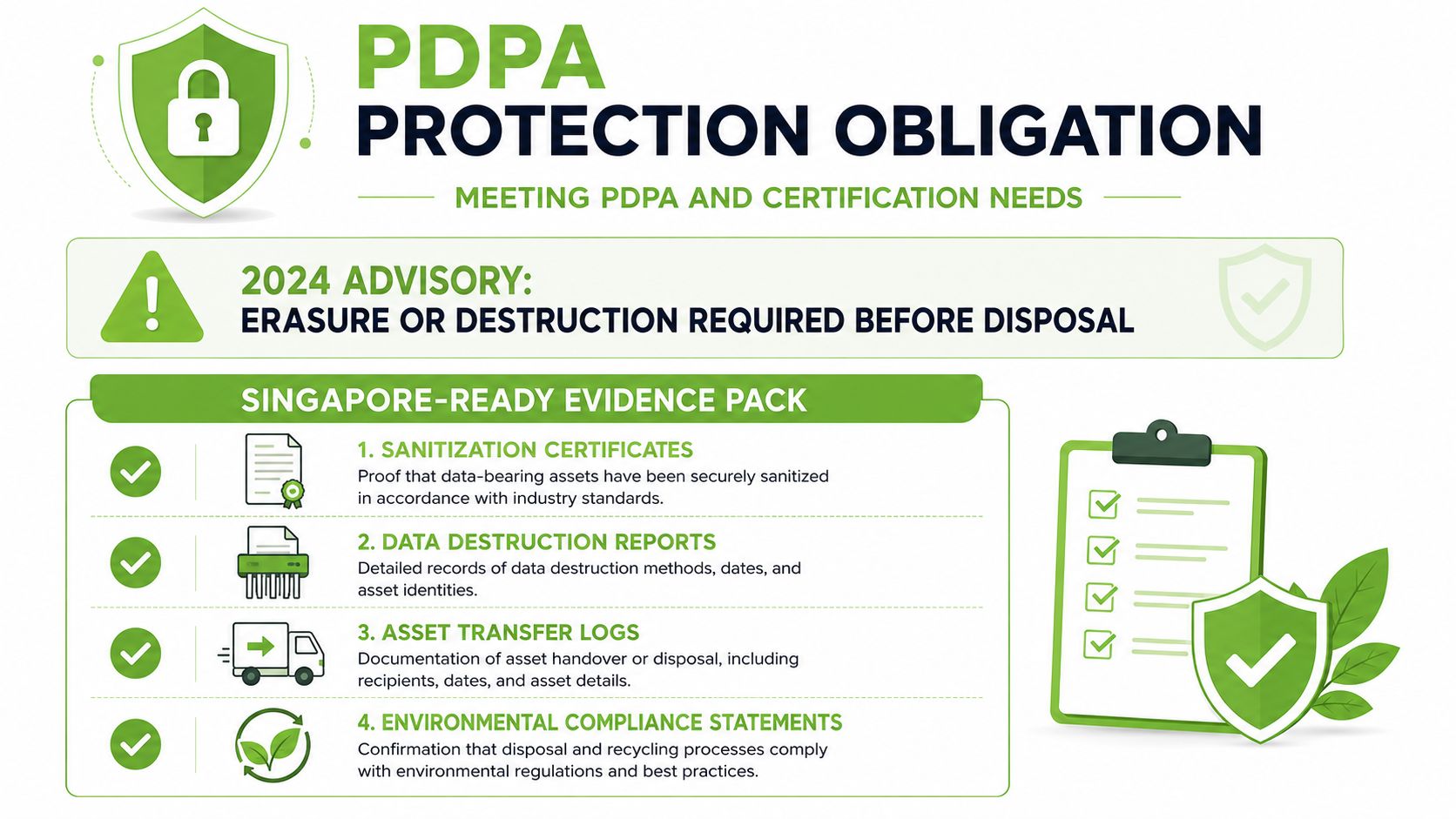 An infographic detailing PDPA protection obligations and requirements for secure IT asset disposal and data destruction.