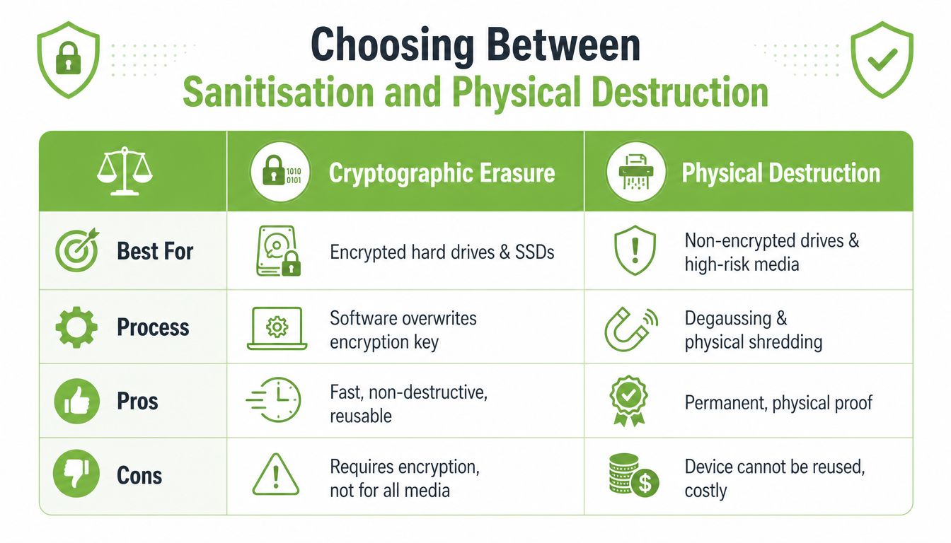 A comparative table outlining the differences between cryptographic erasure and physical destruction for data storage media sanitization.