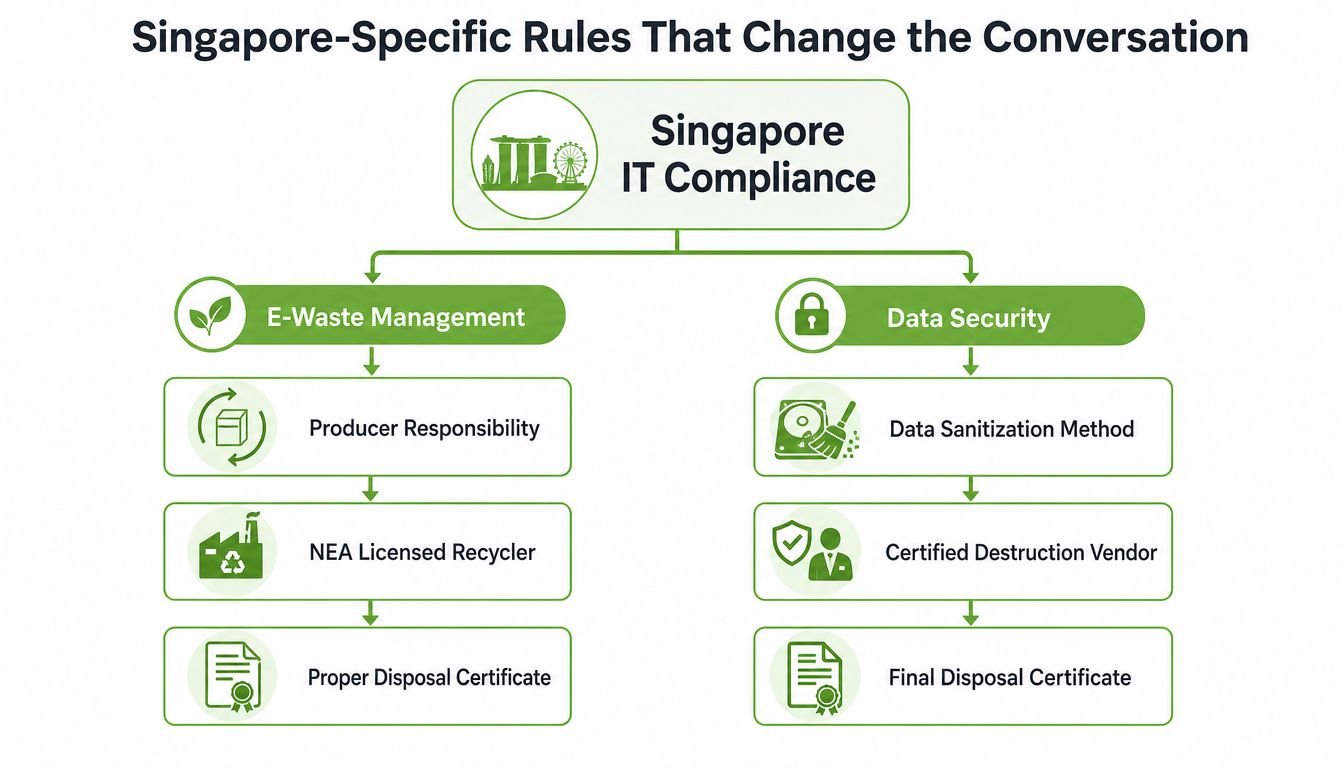 A flowchart detailing Singapore IT compliance requirements covering e-waste management and data security disposal processes.