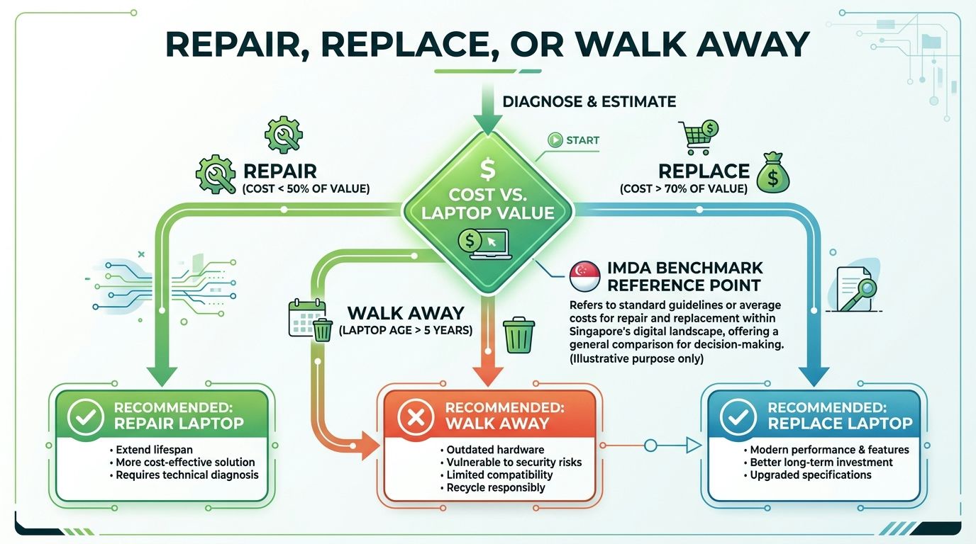 A flowchart guide helping users decide whether to repair, replace, or walk away from their aging laptop.