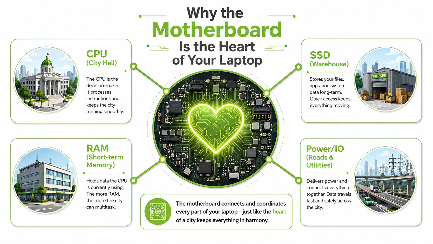 An infographic explaining how a laptop motherboard functions like a city, connecting essential components.