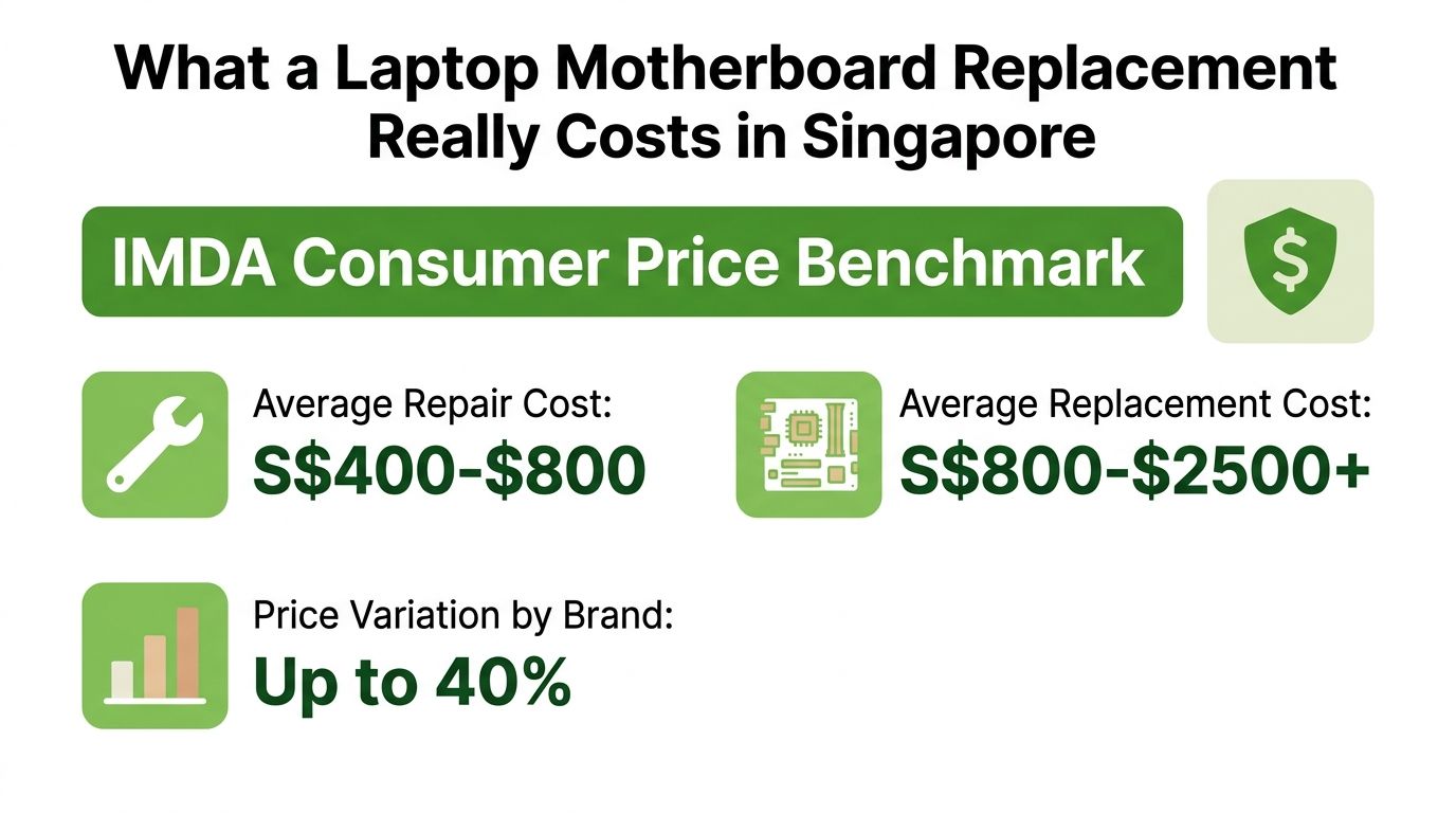 An infographic detailing the average costs and price variations for laptop motherboard repairs and replacements in Singapore.