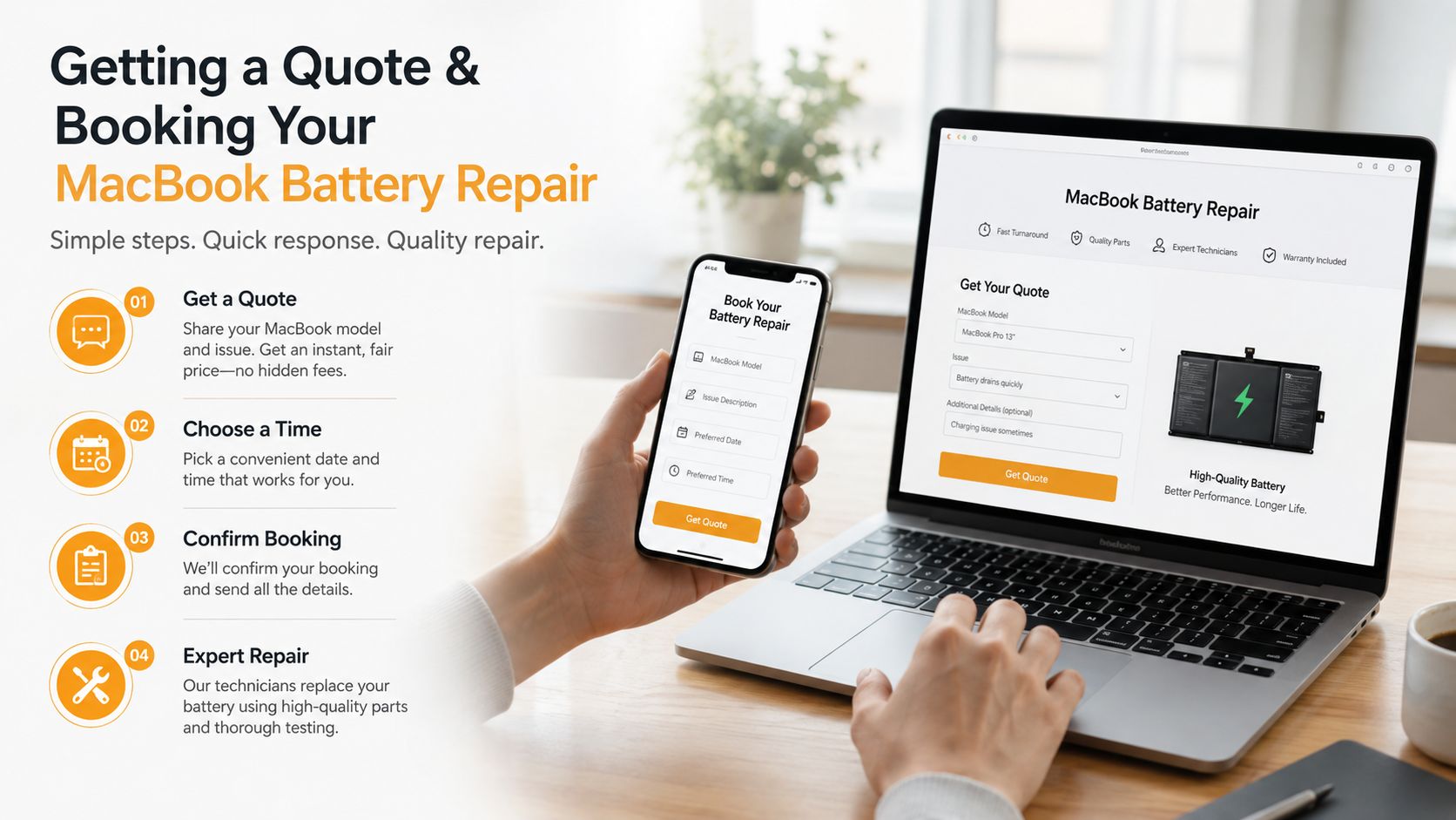 A person booking a MacBook battery repair service online using their smartphone and laptop on a desk.