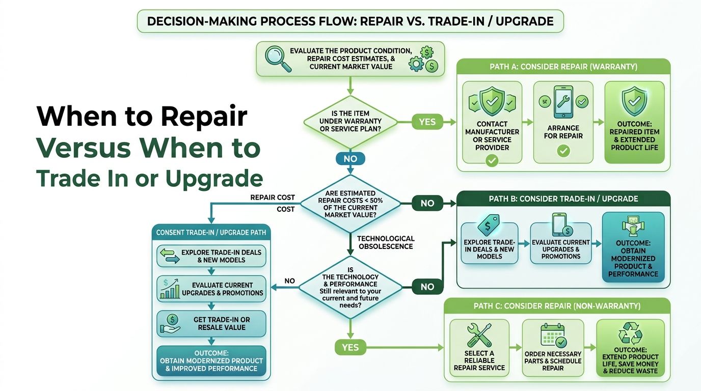 A flowchart infographic guiding users through the decision-making process of repairing versus trading in or upgrading products.