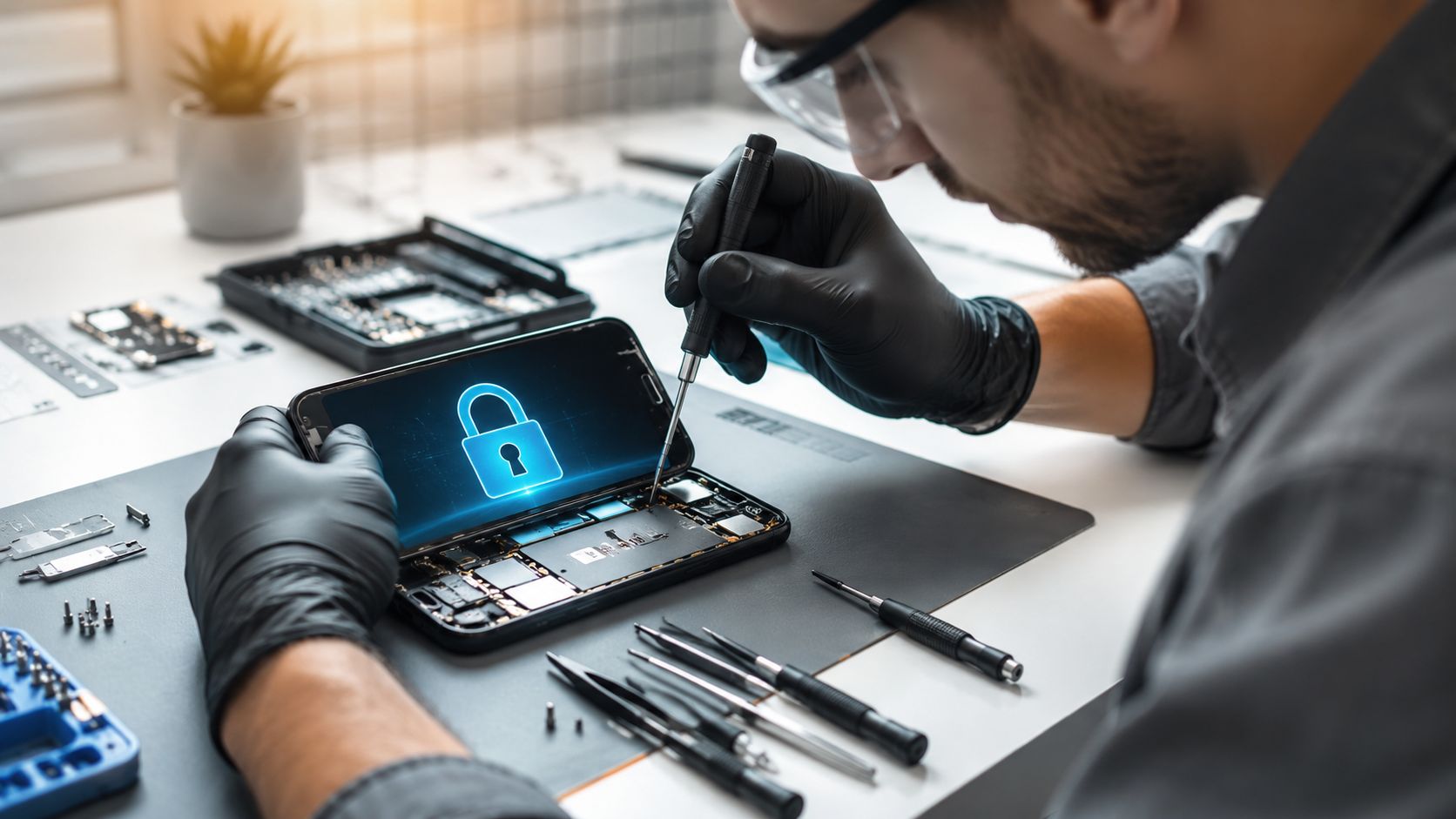 A technician wearing black gloves uses precision tools to repair a mobile phone with a digital lock icon.