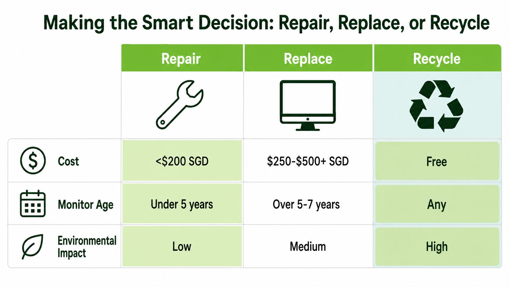 A decision matrix table comparing cost, monitor age, and environmental impact for repairing, replacing, or recycling monitors.