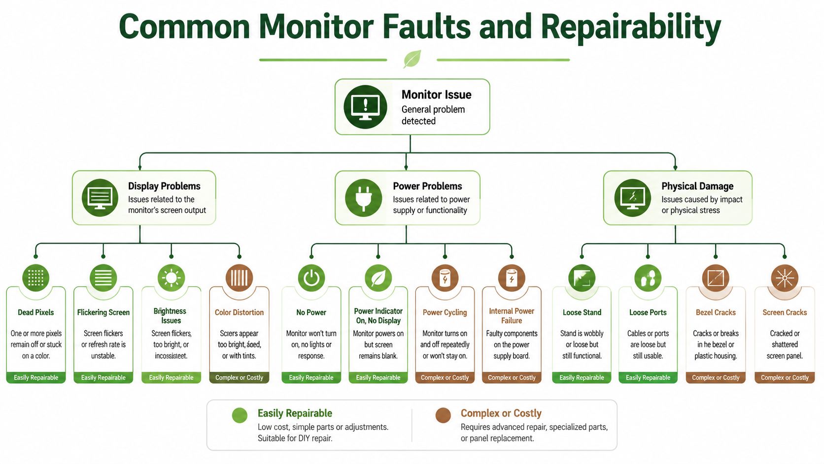 A flowchart categorizing common computer monitor faults into display, power, and physical damage types with repairability levels.
