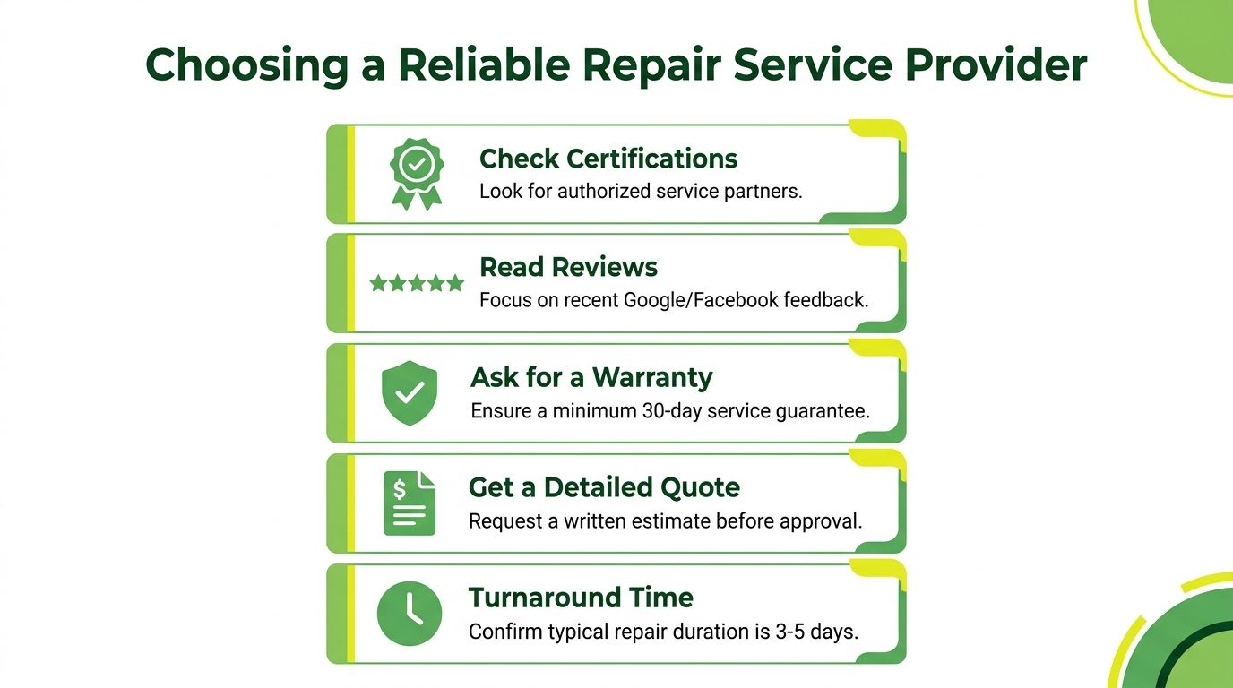 An infographic titled Choosing a Reliable Repair Service Provider with five essential tips for consumers.