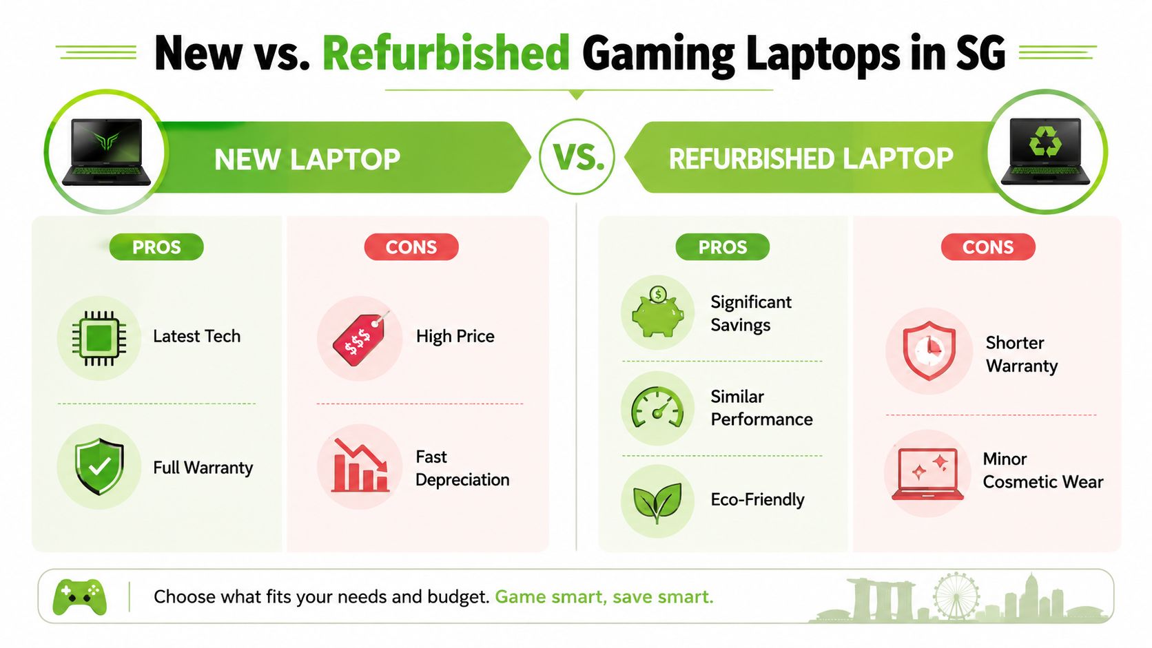 A comparison infographic highlighting the pros and cons of buying new versus refurbished gaming laptops in Singapore.