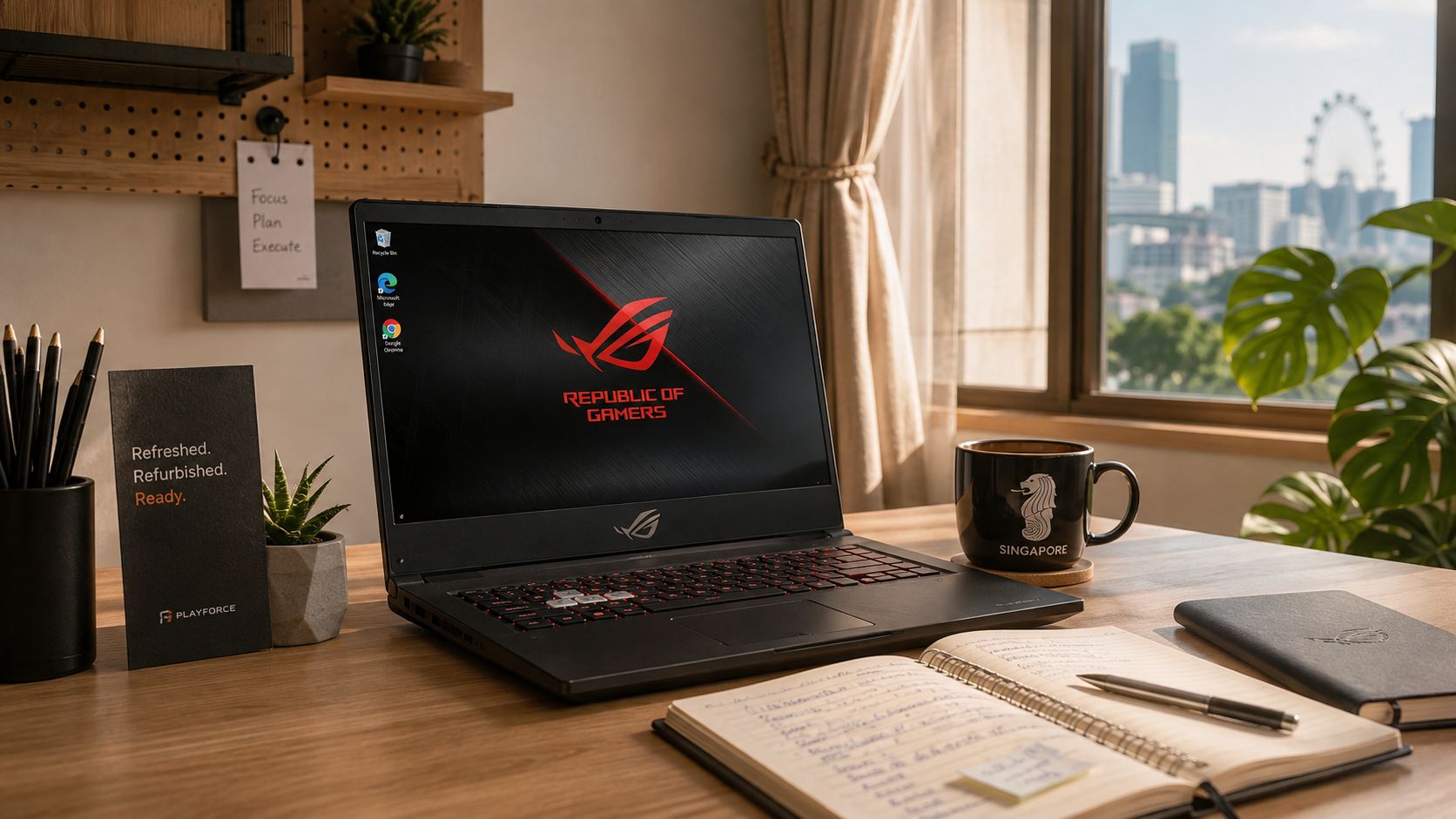 A refurbished Republic of Gamers gaming laptop sits on a desk with a Singapore mug and notebook.