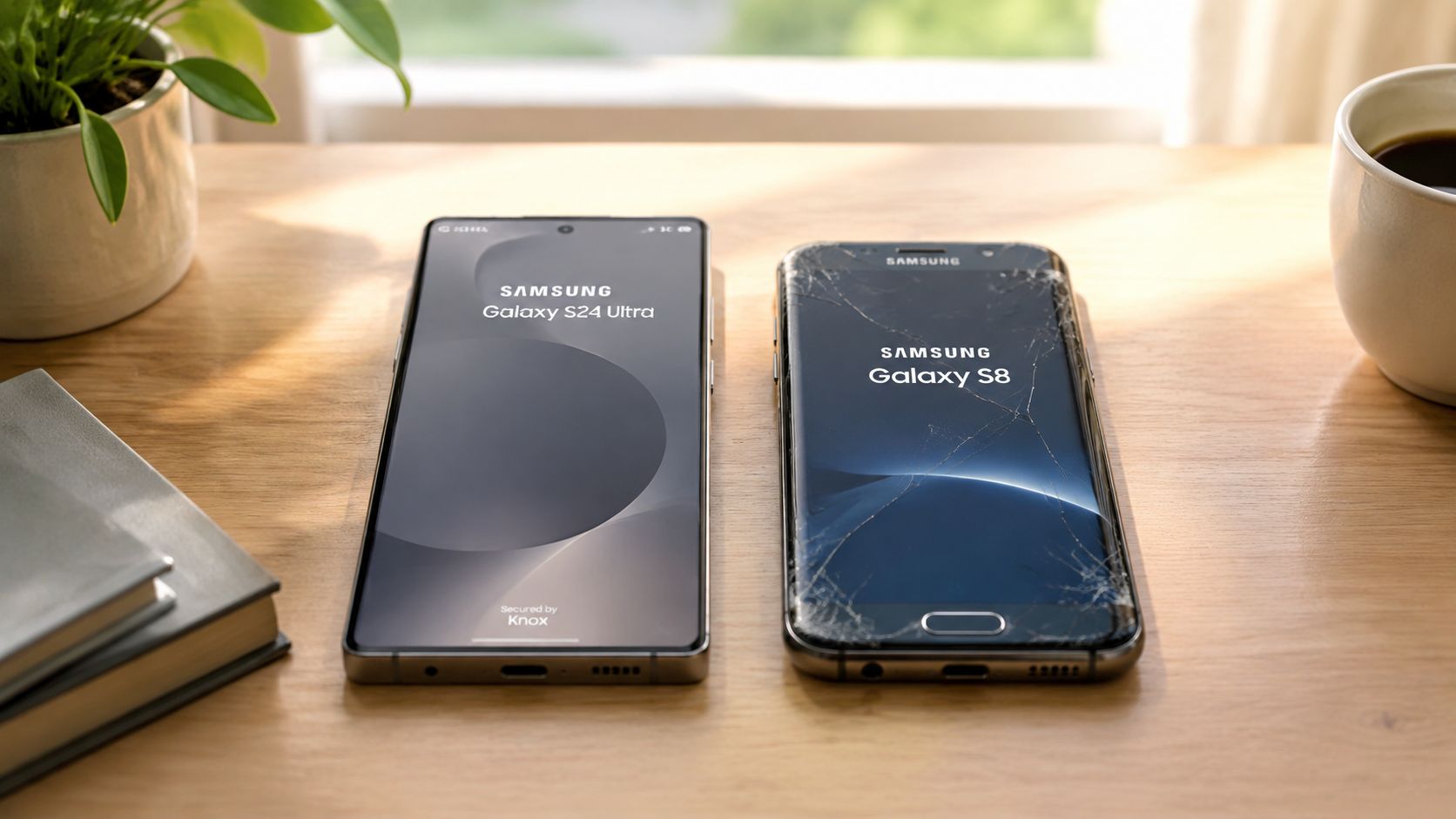 A new Samsung Galaxy S24 Ultra next to a cracked Samsung Galaxy S8 on a wooden desk.