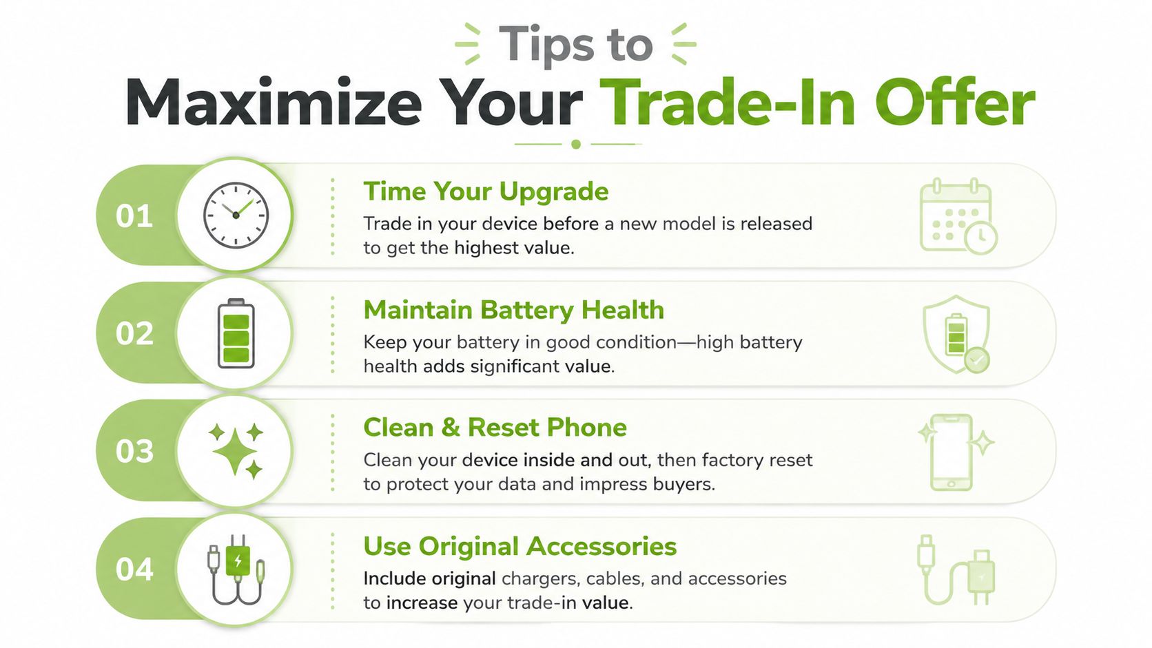 A helpful infographic showing four essential tips to maximize the trade-in value of your mobile device.