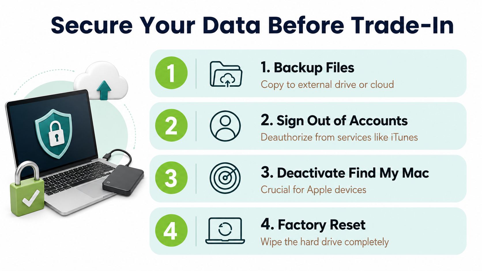 An infographic showing four steps to secure your laptop data before trading it in or selling.