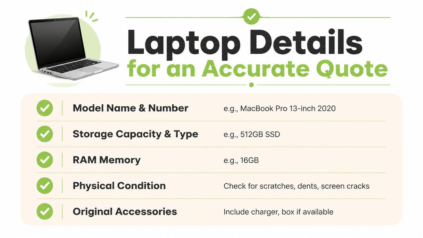 An infographic checklist outlining the essential details needed to get an accurate quote for selling a laptop.