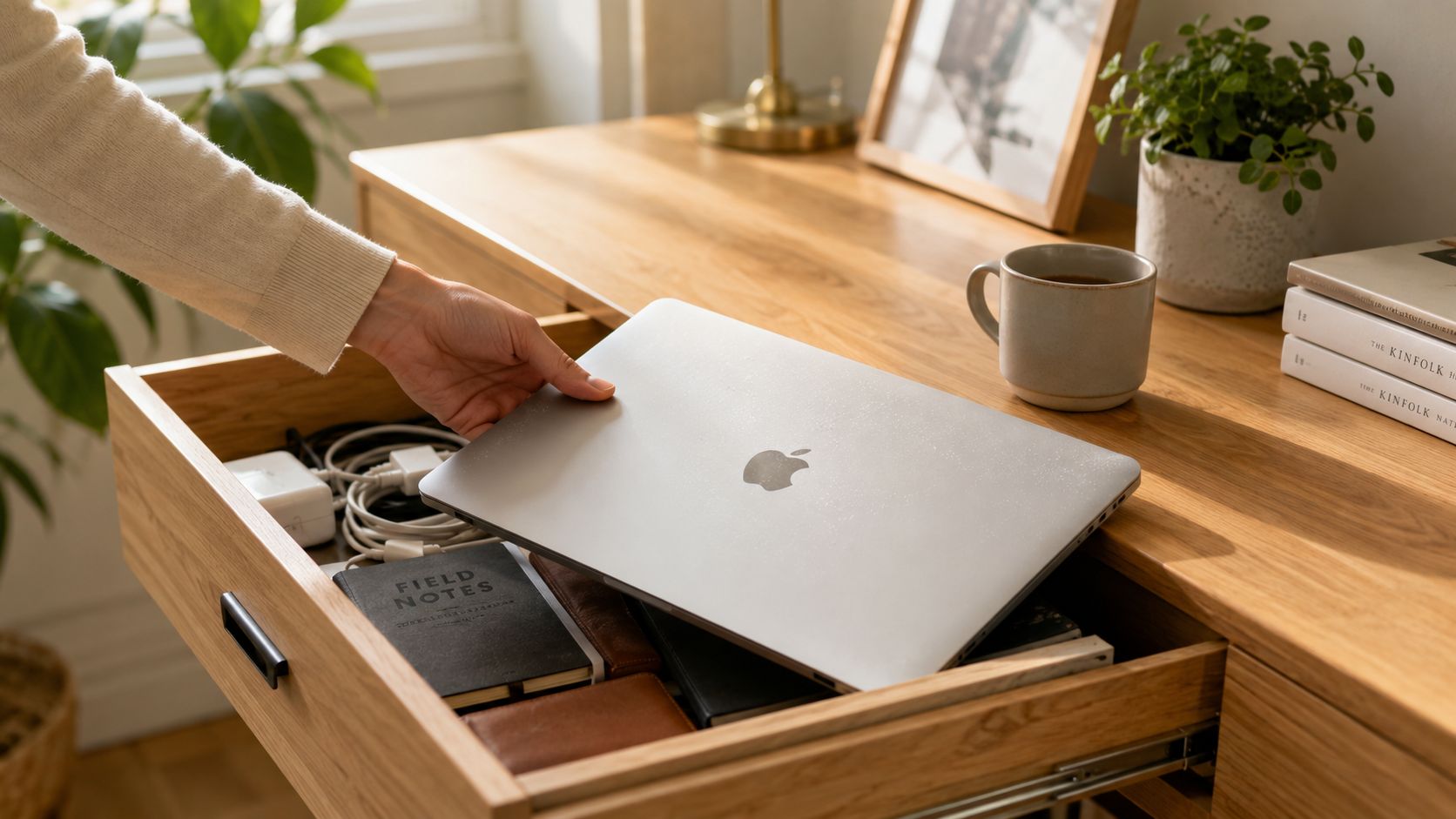 A person's hand placing a silver Apple laptop into an open wooden desk drawer