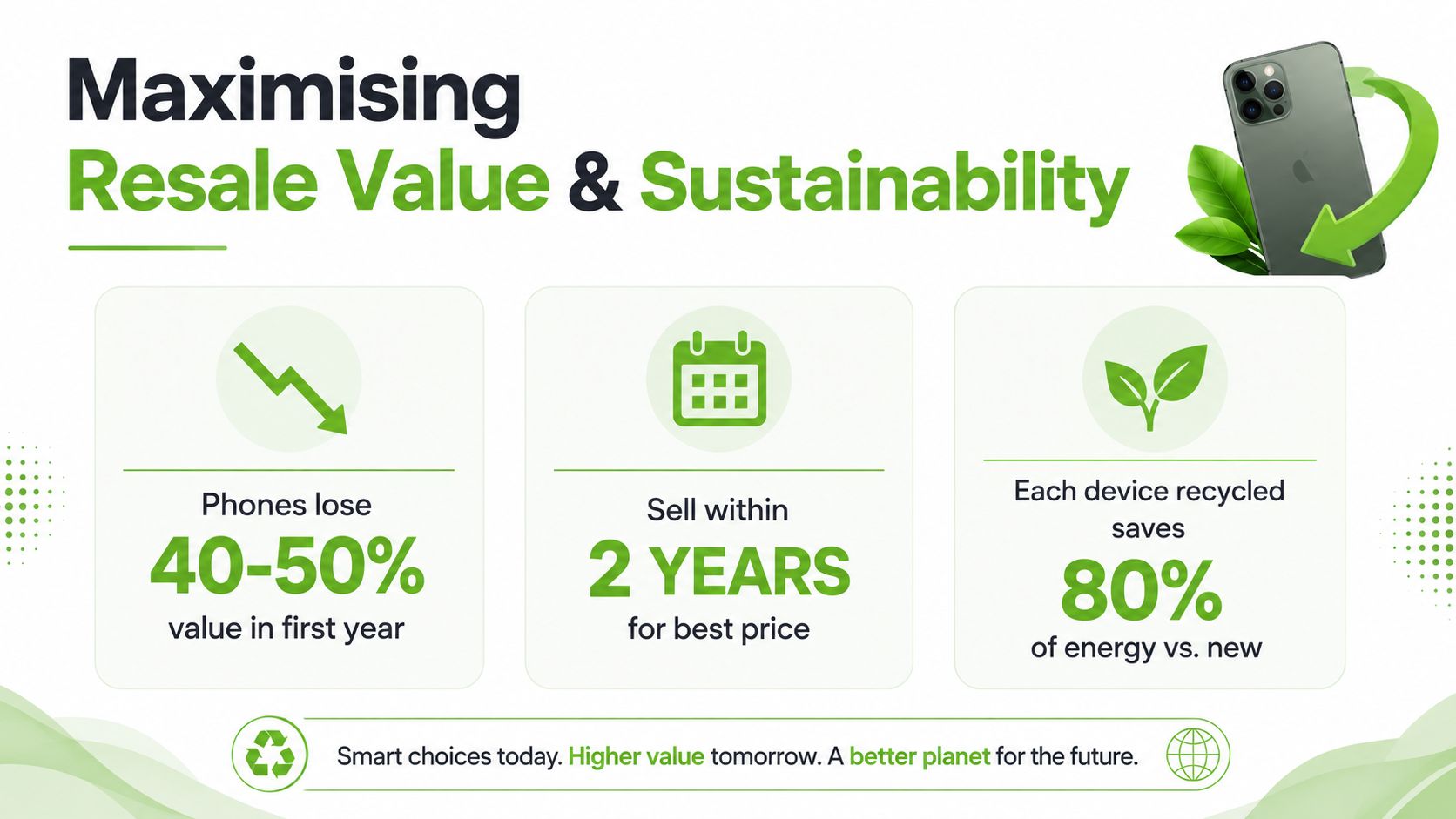 An infographic showing tips for selling smartphones to maximize resale value and environmental sustainability impact.
