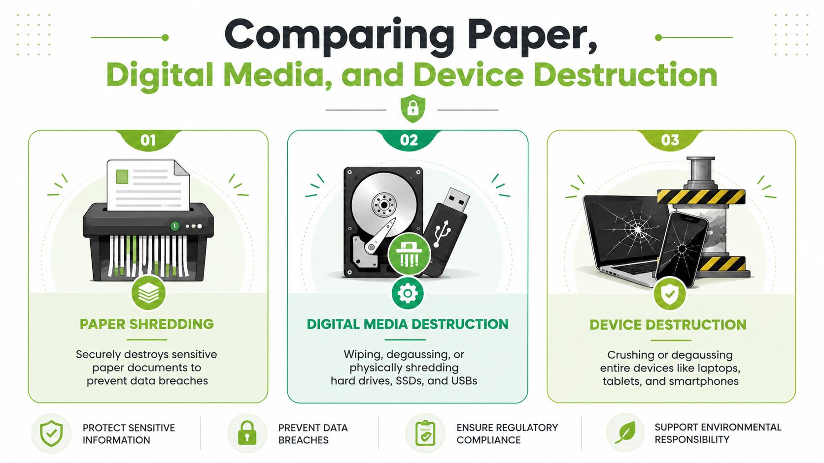 An infographic comparing methods for securely destroying sensitive information using paper shredding, digital media destruction, and device destruction.