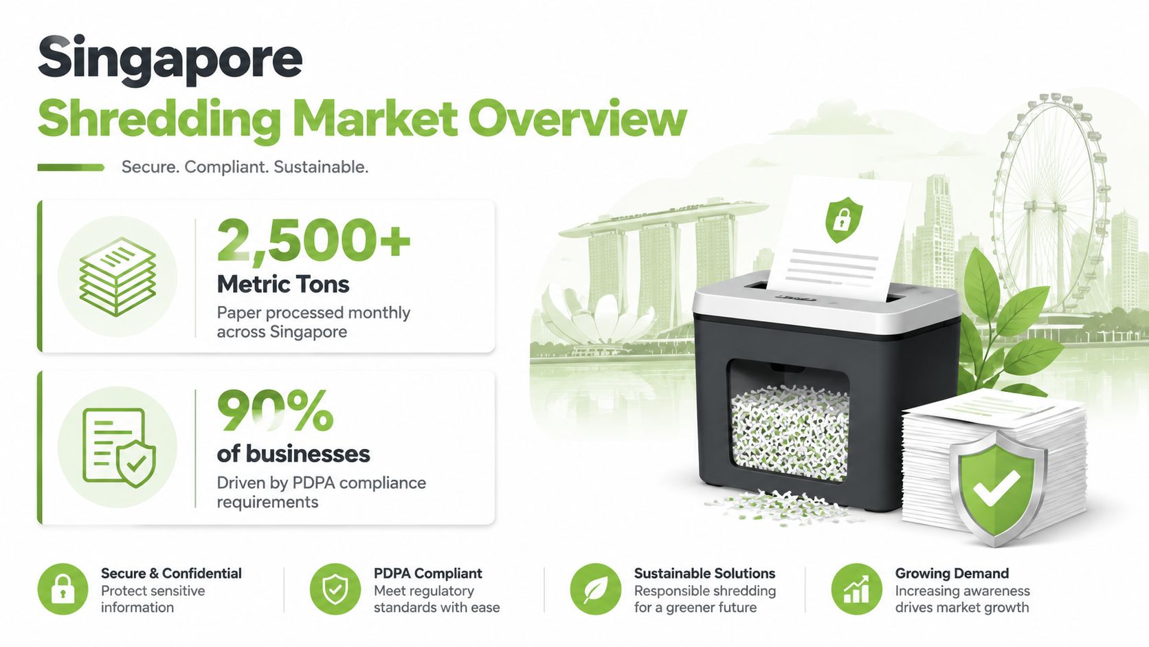 An infographic summarizing the Singapore shredding market with key statistics on paper processing volumes and business compliance.