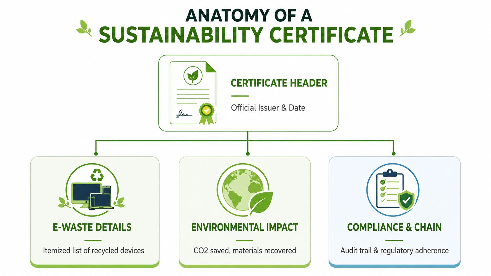 A diagram outlining the key components of a sustainability certificate including e-waste details, environmental impact, and compliance.
